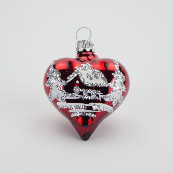 Glasfigur - Herz dunkelrot lack, Landschaftsmotiv weiß/silber