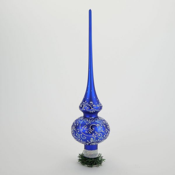 Christbaumspitze blau, Dekor weiß/silber