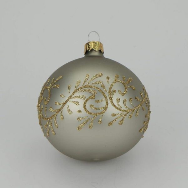 Christbaumkugel grau matt, florales Dekor gold