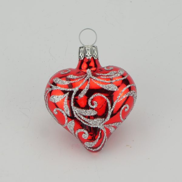 Glasfigur - Herz - rot lack - Barockmuster silber