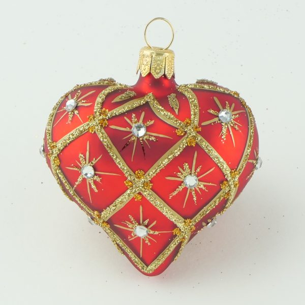 Glasfigur - Herz rot, Rautenmuster gold