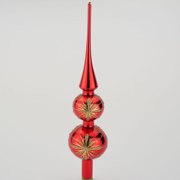 Christbaumspitze rot lack, Blütenornament gold, 2 Kugeln
