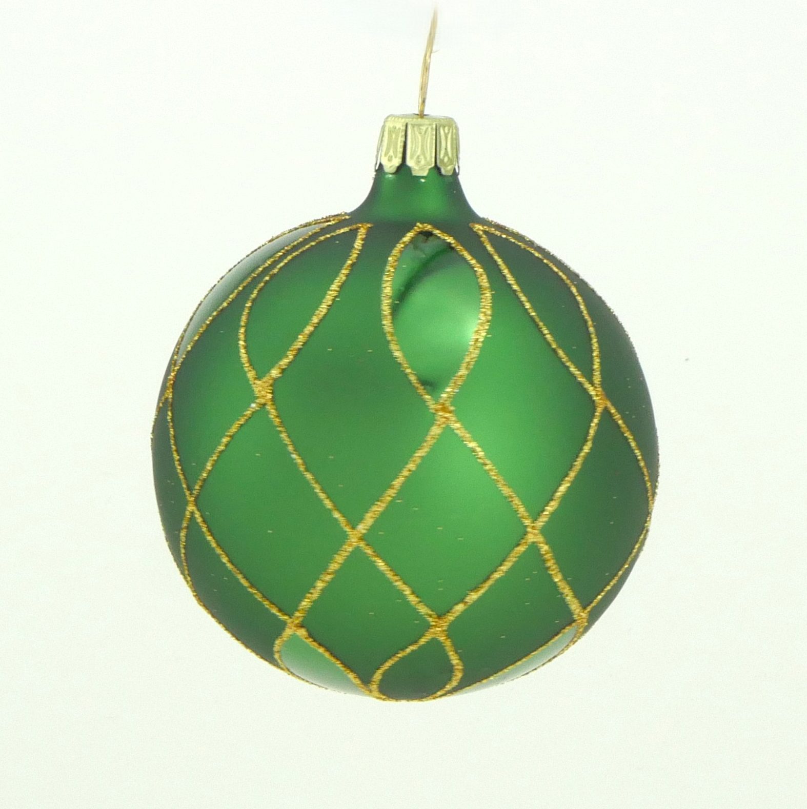 Christbaumkugel mundgeblasen grün Goldgitter